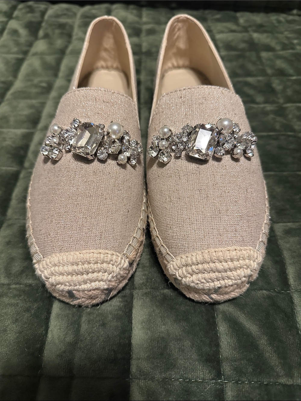 Karl Lagerfeld Beige Crystal & Pearl Espadrille Flats
